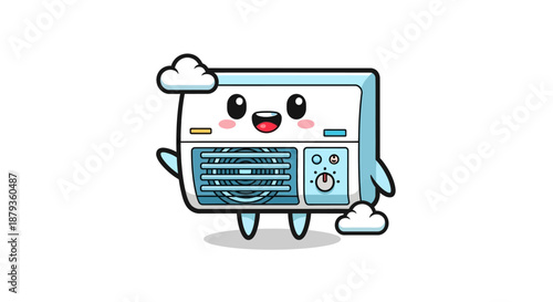 Cute Cartoon Air Conditioner Character with Happy Face and Cloud Limbs