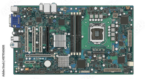 Detailed Illustration of a Modern Computer Motherboard with Components