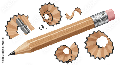 Detailed Illustration of a Sharpened Pencil and Shavings