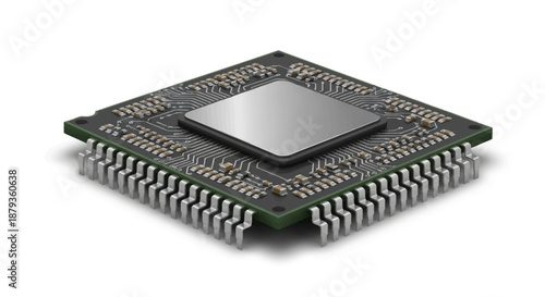 Detailed Microprocessor Chip with Silver Heat Spreader and Pins
