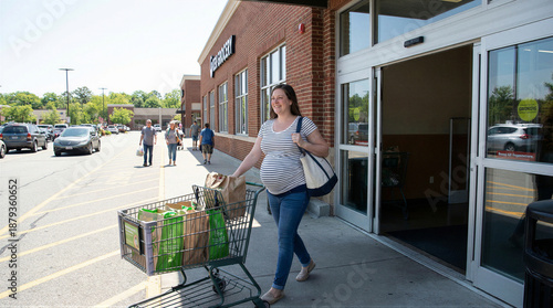 Grocery shopping trip supermarket lifestyle image sunny day outdoor viewpoint family concept