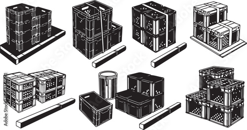 Black and white illustration of various crate and box designs