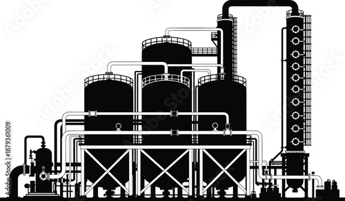 Black and White Silhouette of a Large Industrial Oil Refinery Plant with Storage Tanks Pipelines and Distillation Towers for Energy Production and Chemical Engineering