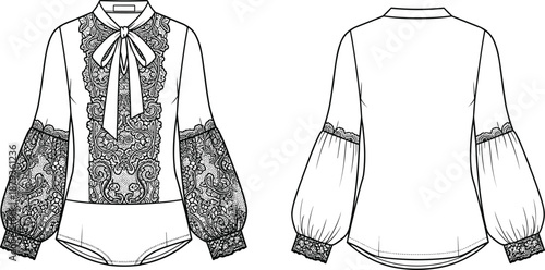 Black And White Technical Fashion Sketch Of A Long Sleeve Blouse With Lace Detail Bow Tie Neck And Puff Sleeves For Apparel Design Development