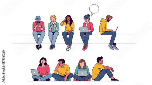 Fotografie A diverse group of young adults are depicted using laptops and smartphones, some sitting on a ledge and others on the floor
