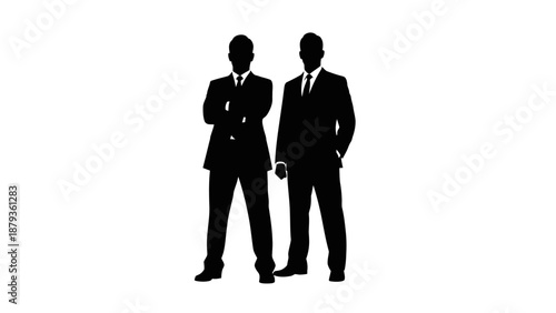 Two men in suits standing side by side with arms crossed and hands in pockets.