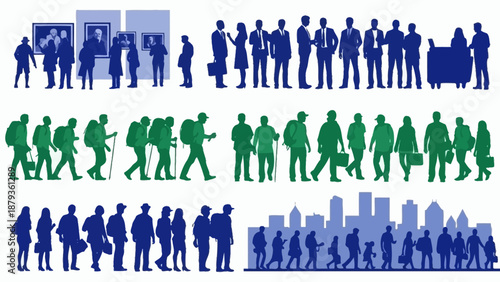 Silhouettes of diverse groups of people in various settings, including art galleries, travel, and urban environments.