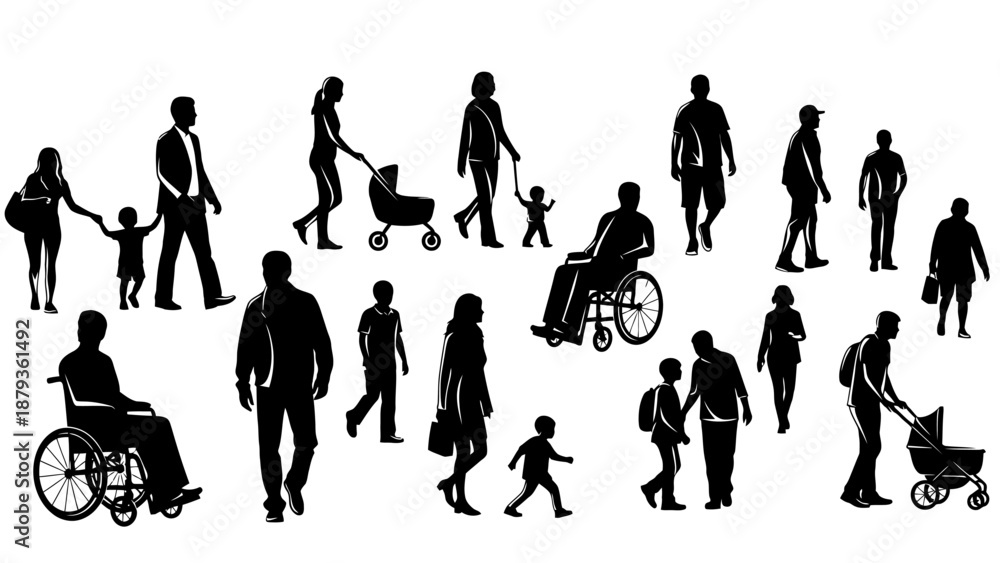 Fototapeta premium A diverse collection of black silhouettes representing people of various ages, abilities, and activities, including families with strollers and individuals in wheelchairs.