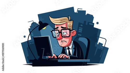 A stressed businessman with glasses working late at his computer in a dimly lit office with city buildings in the background.