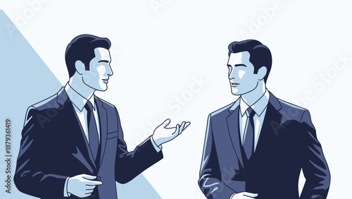 Two businessmen in dark suits engaged in a conversation, one gesturing with his hand.