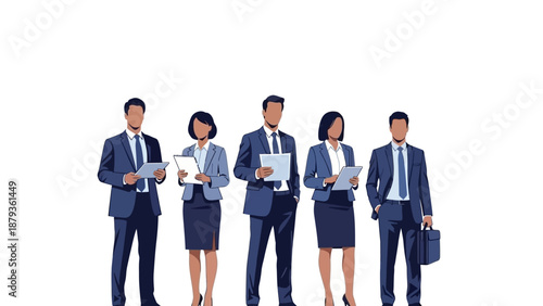 A diverse group of five professionals in business attire stand together, holding documents and looking forward.