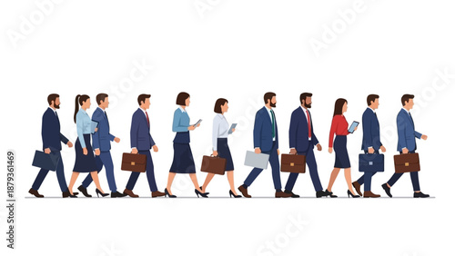A diverse group of business professionals walking in a line, each carrying a briefcase.