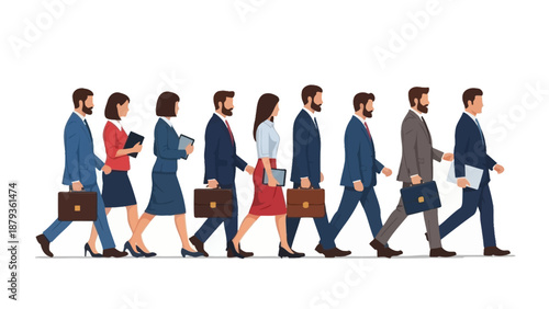 A diverse group of business professionals, men and women, walk in a line carrying briefcases and folders.
