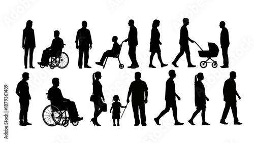 Silhouettes of diverse people including individuals in wheelchairs and a person pushing a stroller, representing inclusivity and community.