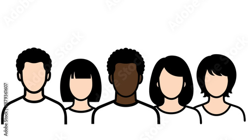 A diverse group of five people with different skin tones and hairstyles, depicted in a simple, minimalist illustration style.