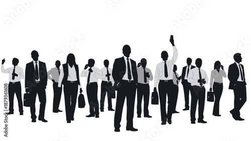 A diverse group of business professionals in silhouette, some raising their hands in a meeting or conference.