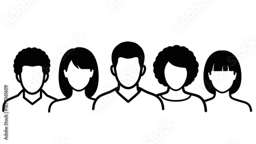 A diverse group of five people, depicted as simple black and white silhouettes, stand together in a line.