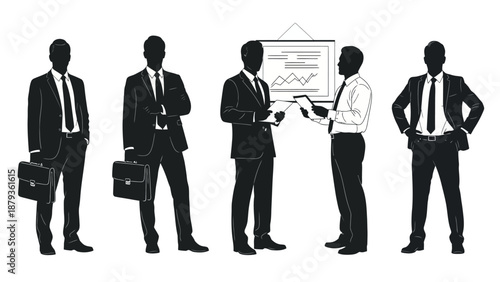 Silhouettes of businessmen in suits standing in various poses, some holding briefcases and one presenting at a whiteboard.