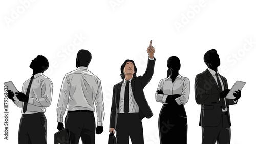 A group of business professionals stand together, with one leader pointing upwards, symbolizing ambition and direction.