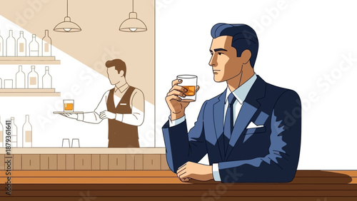 A sophisticated businessman in a suit enjoys a drink at a bar while a bartender serves another patron in the background.