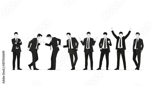 A series of silhouettes of a businessman in various poses, illustrating different actions and emotions.