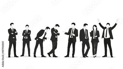 A series of business people in suits showing different poses and stages of interaction.
