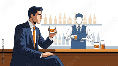 A businessman in a suit sits at a bar, holding a glass of whiskey, with a bartender in the background.