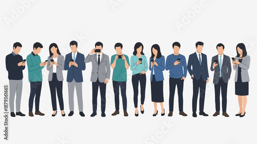 A diverse group of men and women in business casual attire are standing in a line, each engrossed in their smartphones.