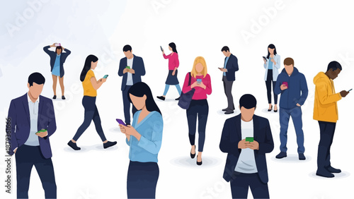 A diverse group of people of various ages and ethnicities are engrossed in their smartphones, oblivious to their surroundings.