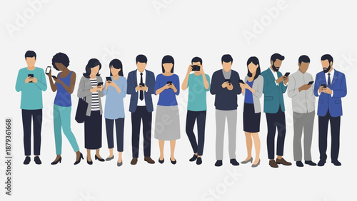 A diverse group of people of various ages and ethnicities are standing in a line, each engrossed in their smartphones.