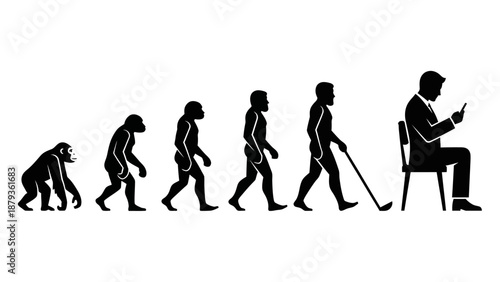 A visual representation of human evolution, depicting the progression from ape to modern man engrossed in technology.