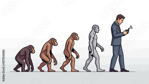 Illustration depicting the evolutionary progression from ape-like ancestors to a modern human engrossed in a smartphone.