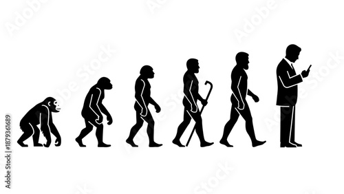 The evolutionary progression of humans from ape-like ancestors to modern man using a smartphone.