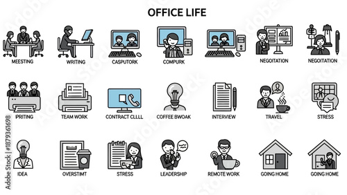 A collection of 24 flat design icons representing various aspects of office life and work-related activities.