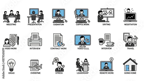 A collection of flat design icons representing various business and work-related activities and concepts.