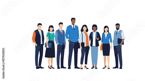 A diverse group of business professionals standing together, showcasing teamwork and unity in a corporate setting.