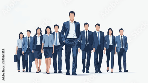 A diverse group of professionals in business attire, led by a tall man in the center, symbolizing leadership and teamwork.