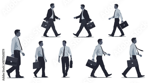 Collection of businessman figures in various walking poses, showcasing professional attire and briefcases.