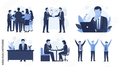 Collection of illustrations depicting various business scenarios and professional interactions, including meetings, handshakes, and individual work.