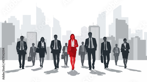 A diverse group of business professionals walking forward with a prominent woman in red leading the way.