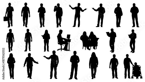 A collection of diverse black silhouettes of people in various poses and activities, showcasing a range of human interactions and professions.