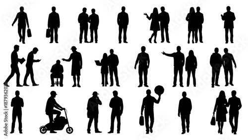 A collection of black silhouettes of people in various poses and activities, presented against a white background.