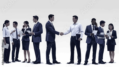 Business professionals in suits shaking hands in a meeting with colleagues observing.