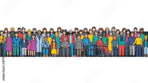 A diverse group of people of various ages, ethnicities, and abilities standing together in a line.