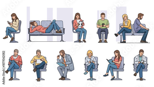 A diverse group of people are shown sitting in a waiting room, each engaged with their own device or activity.