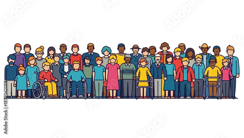 A diverse group of people of various ages, ethnicities, and abilities standing together in a line.