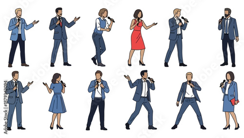 A collection of diverse individuals, both men and women, dressed in professional attire, holding microphones and speaking.