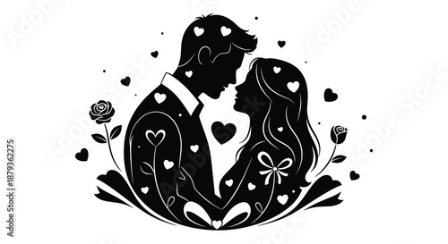 A romantic depiction of a couple embracing surrounded by hearts and roses in a striking silhouette