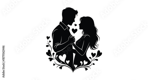A romantic couple embracing tenderly amidst floral designs a beautiful black and white silhouette