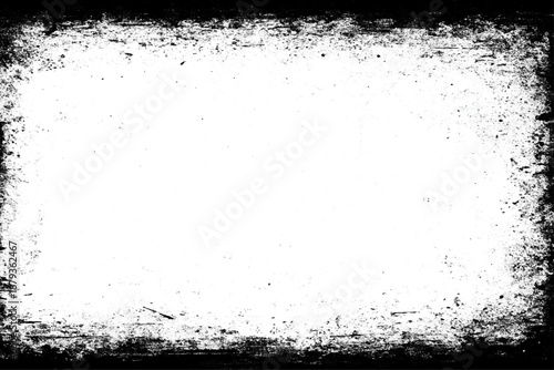 grunge texture frame with rough, distressed black edges surrounding a large blank white center. The border appears worn, splattered, and scratched, resembling ink smudges, paint erosion, and vintage.